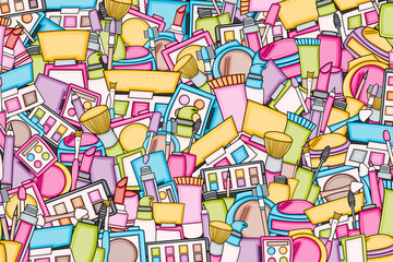 Makeup cartoon doodle backdrop design. Cute background concept for beauty greeting card,  decoration, advertisement, banner, flyer, brochure. Hand drawn vector illustration. 