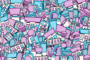 Makeup cartoon doodle backdrop design. Cute background concept for beauty greeting card,  decoration, advertisement, banner, flyer, brochure. Hand drawn vector illustration. 