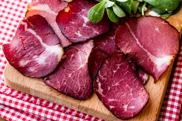 Smoked and Dried Meat Slices with salad / kuru et