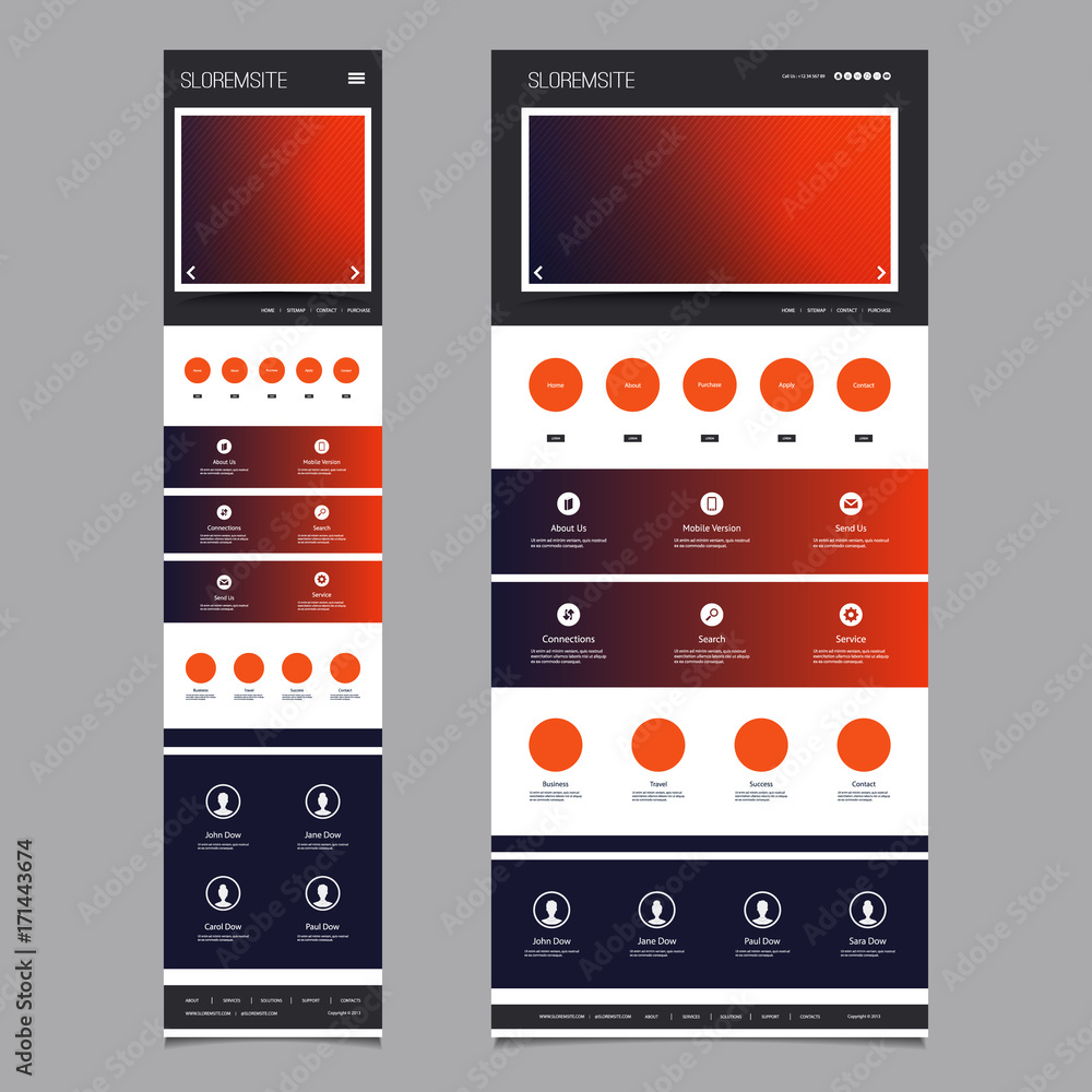 Poster responsive one page website template layout - blurred header design - desktop and mobile version