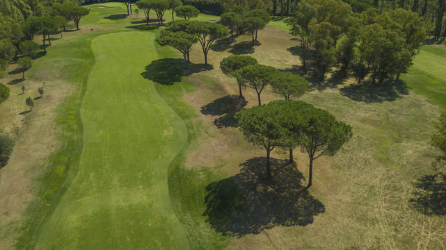 Vista aerea di un campo da golf con ostacoli di sabbia, enormi prati e albero che rendono più difficile il gioco.Il sole splende ed è una giornata ideale per fare sport e stare alla aria aperta.