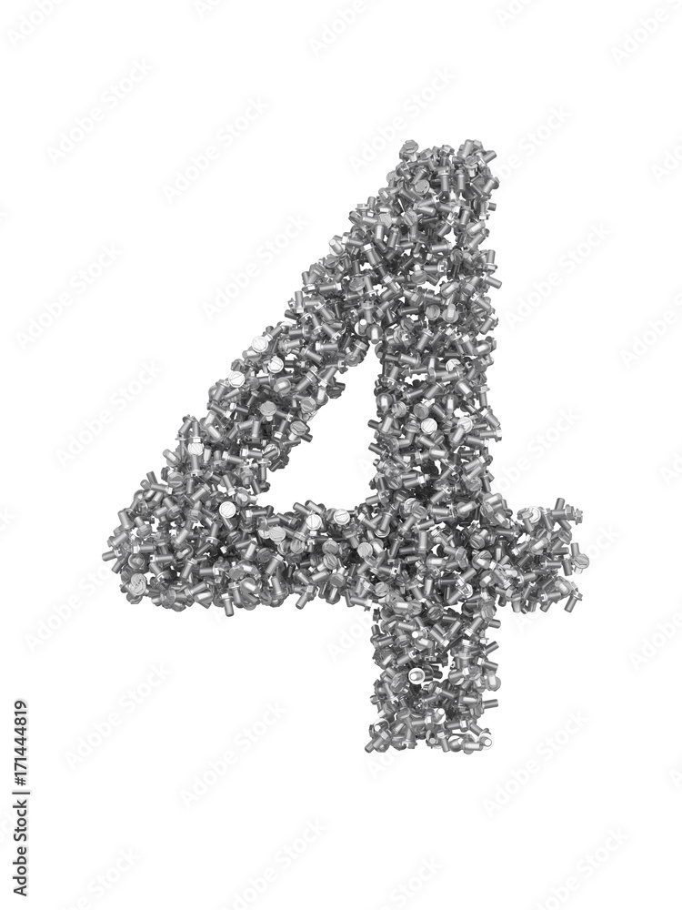 Fototapete 3d render of silver or grey alphabet make from bolts. small number 4 with clipping path. isolated on