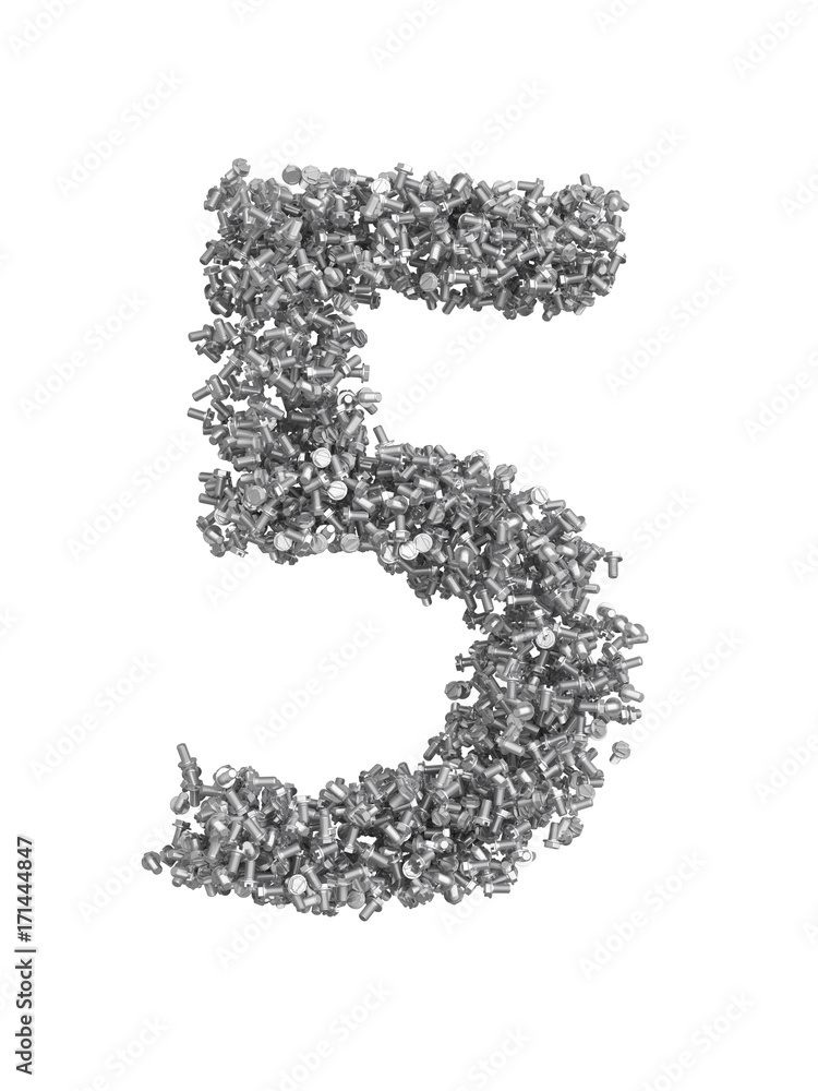 Fototapete 3d render of silver or grey alphabet make from bolts. small number 5 with clipping path. isolated on