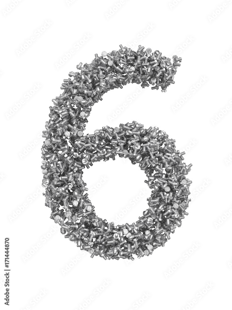 Fototapete 3d render of silver or grey alphabet make from bolts. small number 6 with clipping path. isolated on