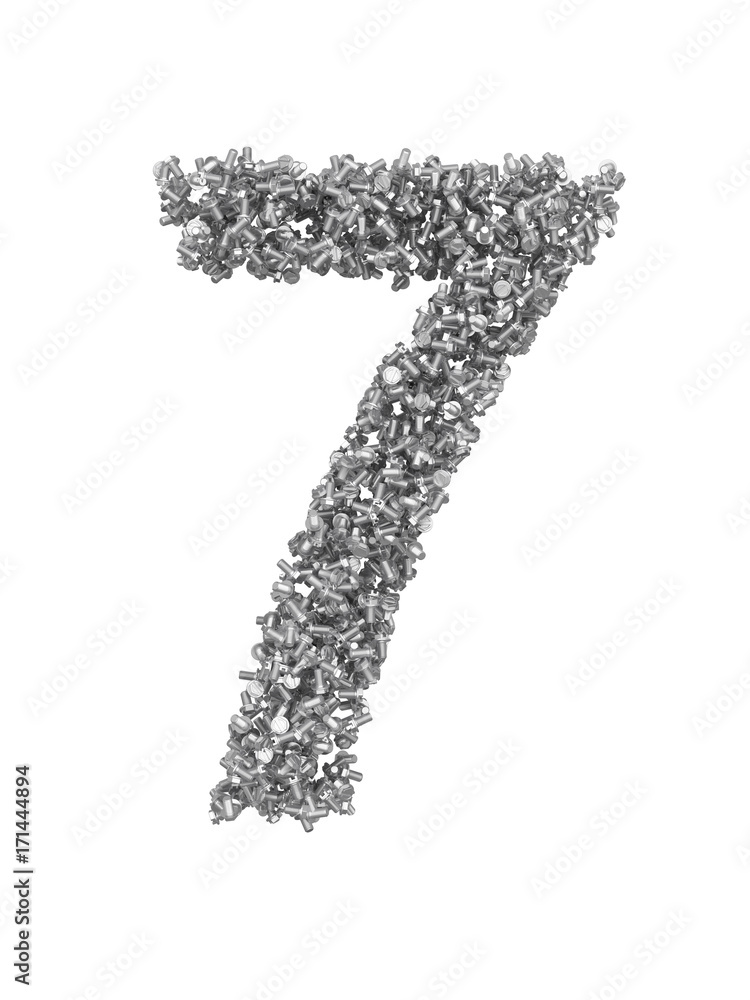 Fototapete 3d render of silver or grey alphabet make from bolts. small number 7 with clipping path. isolated on