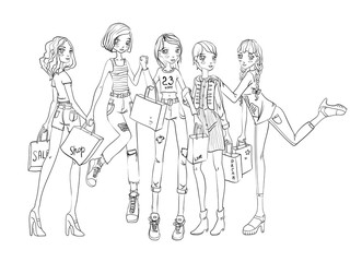 A group of young girls with shopping bags in hands. Contour vector illustration, isolated on white background.
