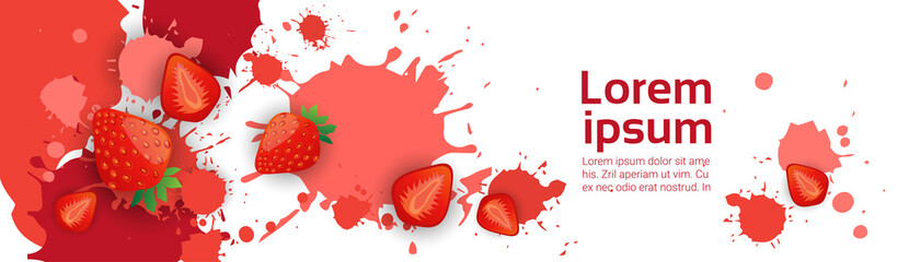 Abstract Paint Splash And Fruits Strawberry Set Over White Background For Copy Space And Text Flat Vector Illustration