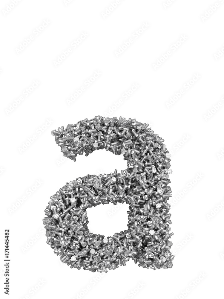 Fototapete 3d render of silver or grey alphabet make from bolts. small letter a with clipping path. isolated on