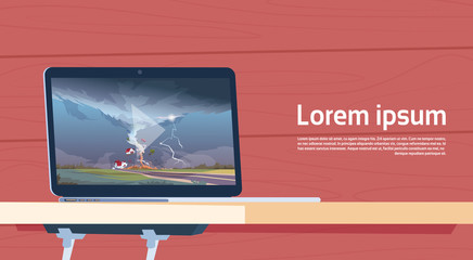 Laptop Computer Playing Video Of Twisting Tornado Destroying Farm Hurricane Landscape Of Storm Waterspout In Countryside Natural Disaster Concept Flat Vector Illustration