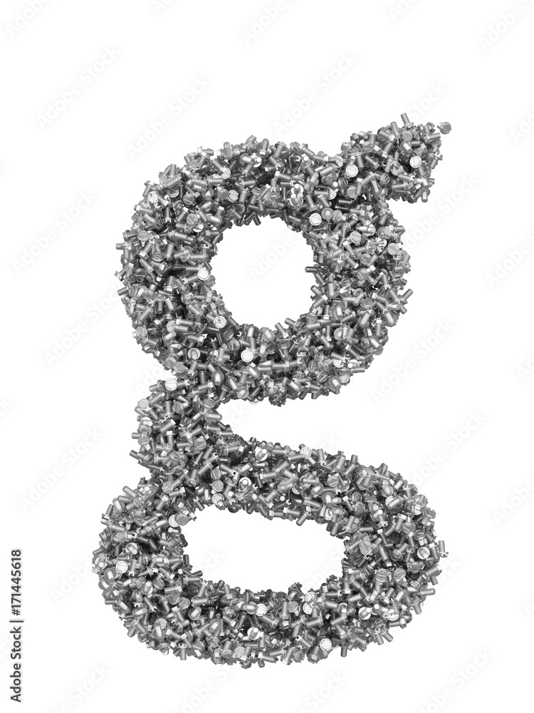 Fototapete 3d render of silver or grey alphabet make from bolts. small letter g with clipping path. isolated on