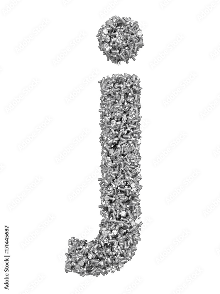 Fototapete 3d render of silver or grey alphabet make from bolts. small letter j with clipping path. isolated on