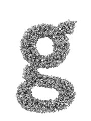 3D render of silver or grey alphabet make from bolts. small letter g with clipping path. Isolated on white background
