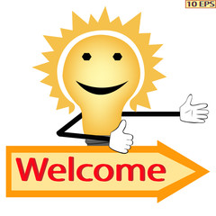 Welcome sign and directional sign. Words Welcome signs with a light bulb. Vector banner in the form of arrows. The business concept. Vector illustration.