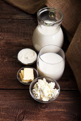 milk products. tasty healthy dairy products on a table