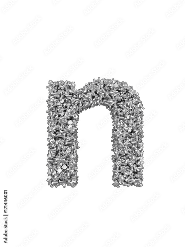 Fototapete 3d render of silver or grey alphabet make from bolts. small letter n with clipping path. isolated on