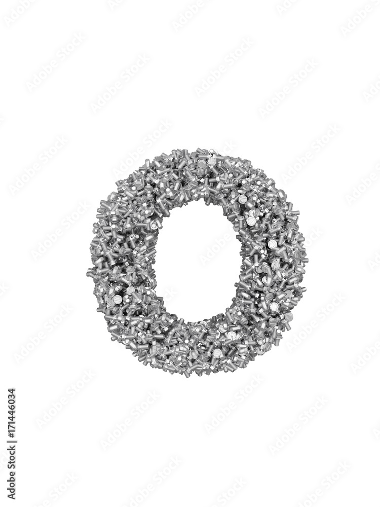 Fototapete 3d render of silver or grey alphabet make from bolts. small letter o with clipping path. isolated on