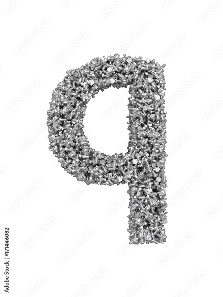 Fototapete 3d render of silver or grey alphabet make from bolts. small letter q with clipping path. isolated on