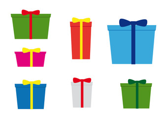 Simplicity icons, set of seven christmas gifts with various colors and bow