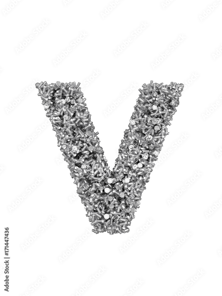 Fototapete 3d render of silver or grey alphabet make from bolts. small letter v with clipping path. isolated on