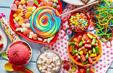 Assorted, colourful kids party sweets and candy
