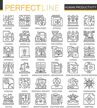 Human productivity outline mini concept symbols. Time management and discipline modern stroke linear style illustrations set. Perfect thin line icons.