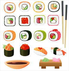 Sushi set with soy sauce and chopsticks. Vector illustration.