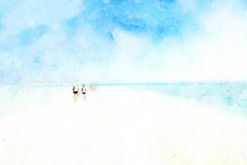 Sea and sand beach in summer with watercolor painting effect