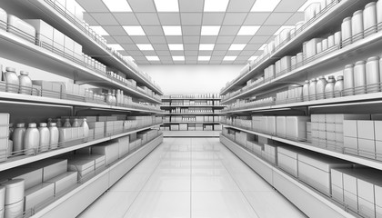 Shelves with blank goods in the interior of the store. 3d image
