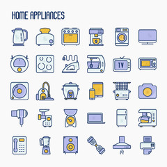 Home appliances thin line icons set: refrigerator, coffee machine, microwave, fryer. Household vector illustration.