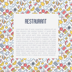 Fototapeta na wymiar Restaurant concept with thin line icons: chef, kitchenware, food, beverages for menu or print media. Vector illustration for banner, web page.
