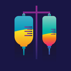 Blood transfusion saline bag vector on blue background. icon