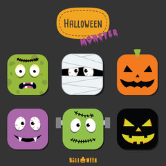 Halloween Monster colorful icon set flat design vector illustration Halloween design template for greeting card, ad, promotion, poster, flyer, blog, article, social media, marketing.