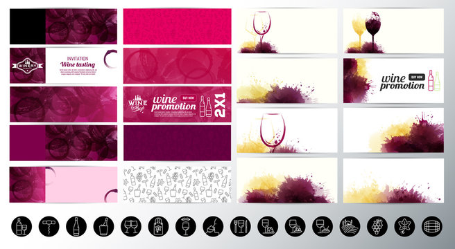 Set of banners with textured wine stains background. Wine icons. Suitable for web banners, cards, invitations, promotion coupons. Vector