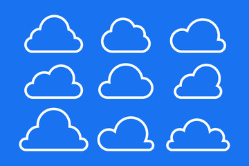 Set of white clouds collection with outline vector icons isolated on blue background