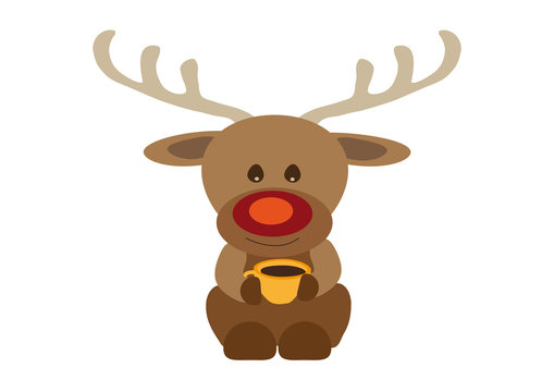 Happy smiling reindeer Rudolf drinking coffee from orange yellow tea cup