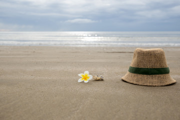 Fototapeta na wymiar Hat with frangipani flower and sea shell on the beach