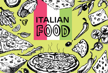 Hand drawn doodle food illustration. Breakfast set. Dish top view.Italian food