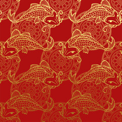 Obraz premium Golden koi pattern on red