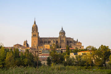 Fototapeta na wymiar Salamanca Old and New Cathedrals reflected on Tormes River at sunset, Community of Castile and León, Spain. Declared a UNESCO World Heritage Site in 1988