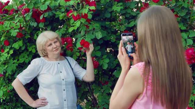 Young girl takes pictures elderly woman. The daughter takes pictures of the mother. Red roses flowers in the background.