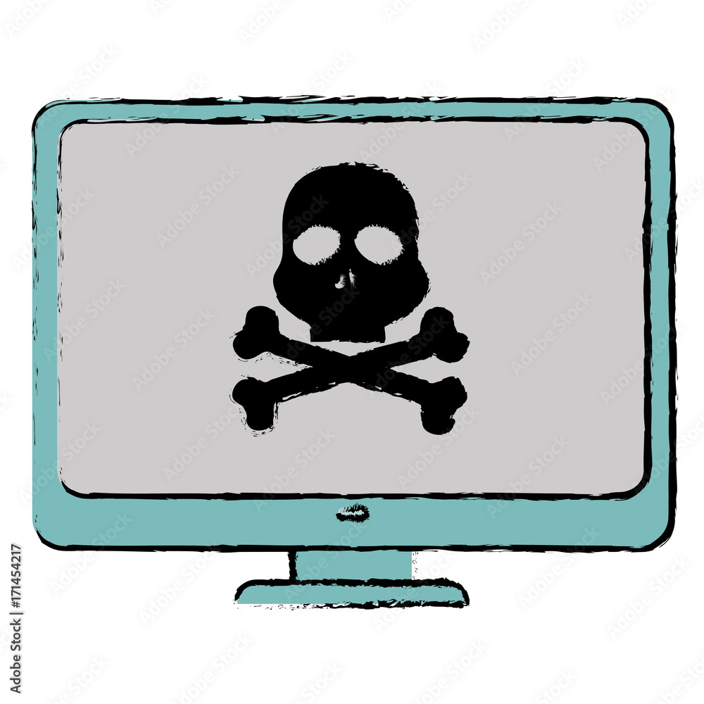 Poster computer display with skull virus alert vector illustration design
