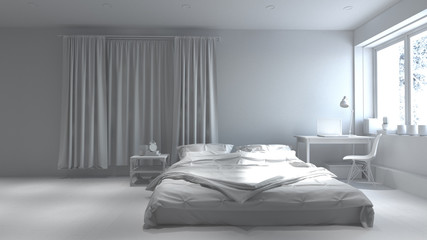 white bedroom 3D rendering in room with blank wall,new furniture