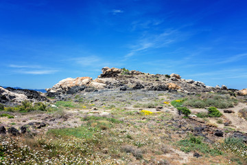 Fototapeta na wymiar panoramic view of the rock coast on the mediterranean sea in the natural park of Cap de Creus in Catalonia (Spain)