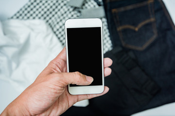 hand using mobile phone, Online Shopping Concept isolated white