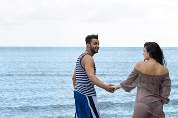 Couple Walking Beach Summer Vacation, People Beautiful Young Happy Man And Woman Smile Sea Ocean Holiday Travel