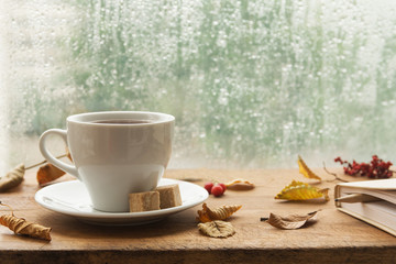 Autumn. Cup of coffee and note book.