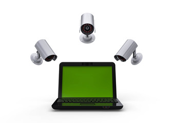 Network surveillance / 3D render image representing an laptop with cameras watching over 
