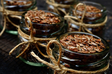 flaxseed in jar on  table
