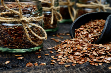 flaxseed in jar on  table