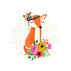 Fox with flowers in cartoon style